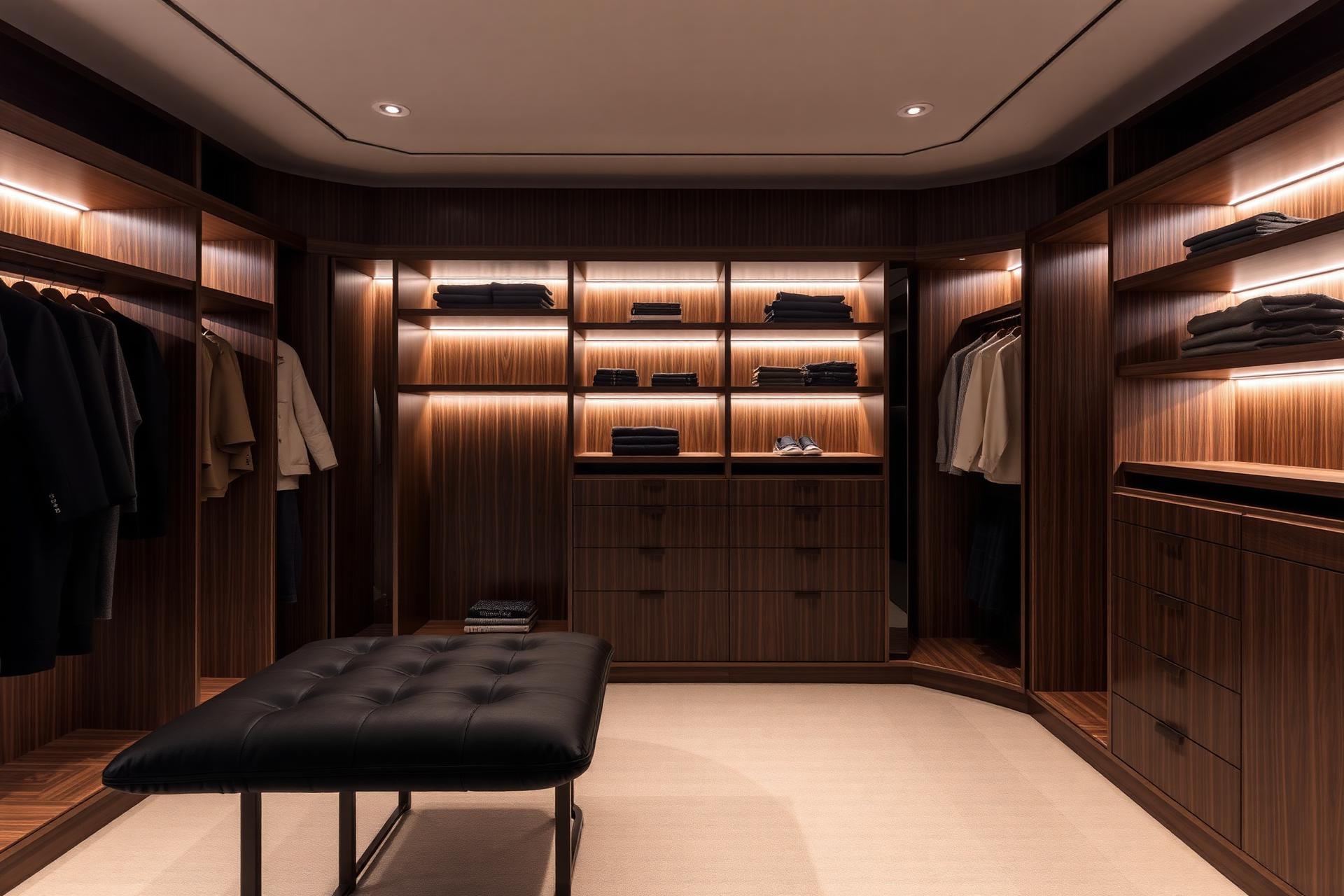 Closet planejado de luxo com iluminação embutida